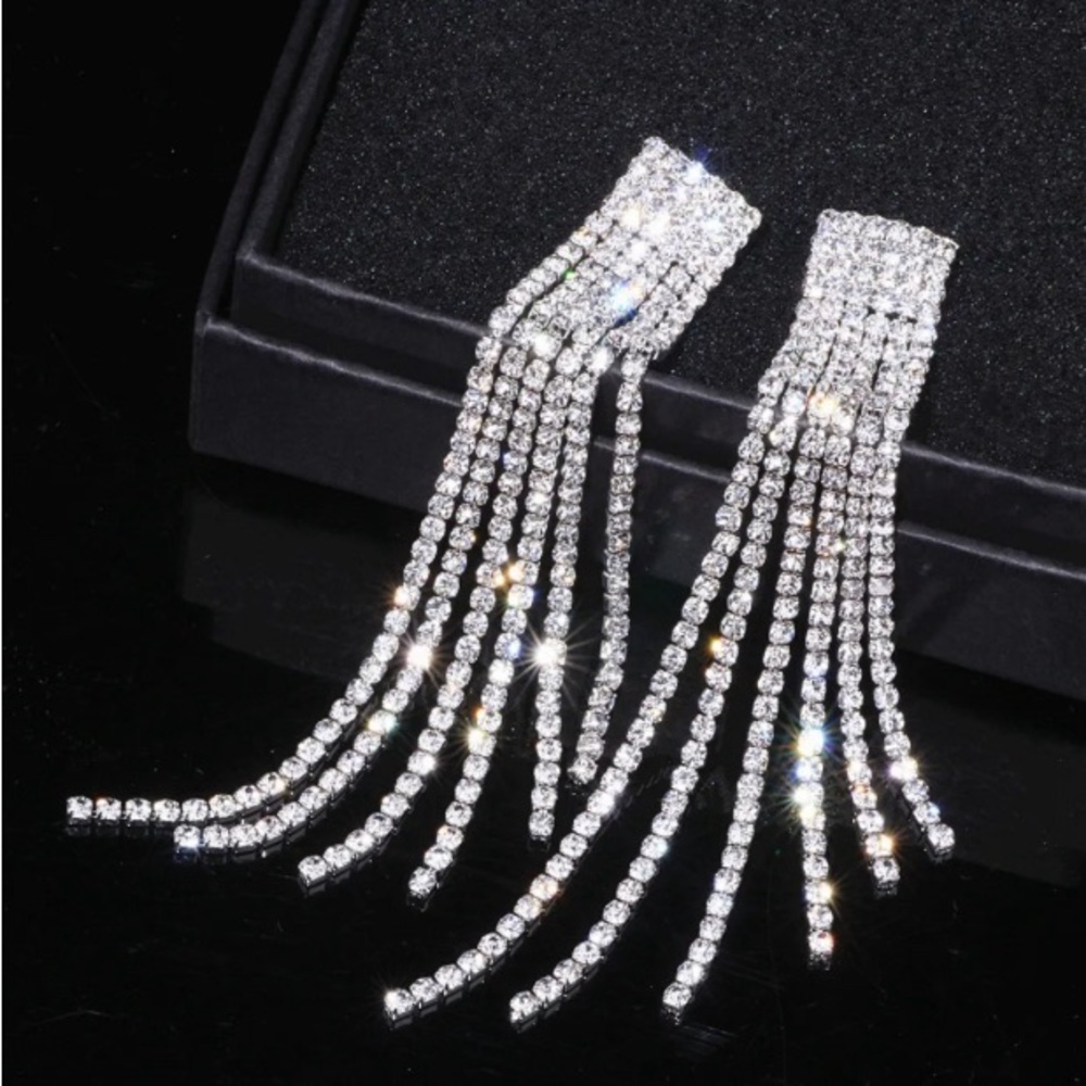 NWT Fringe rhinestone earrings pierced 3” long